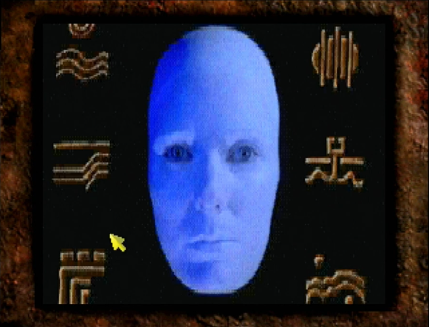 A blue face with symbols around it