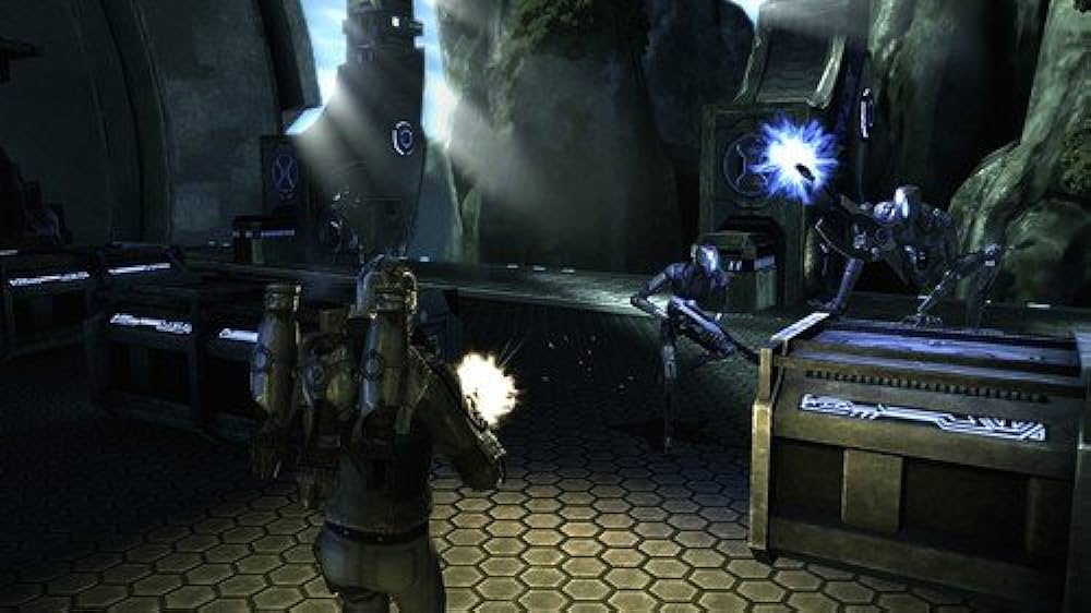The protagonist navigating a typical cover shooter environment against aliens.